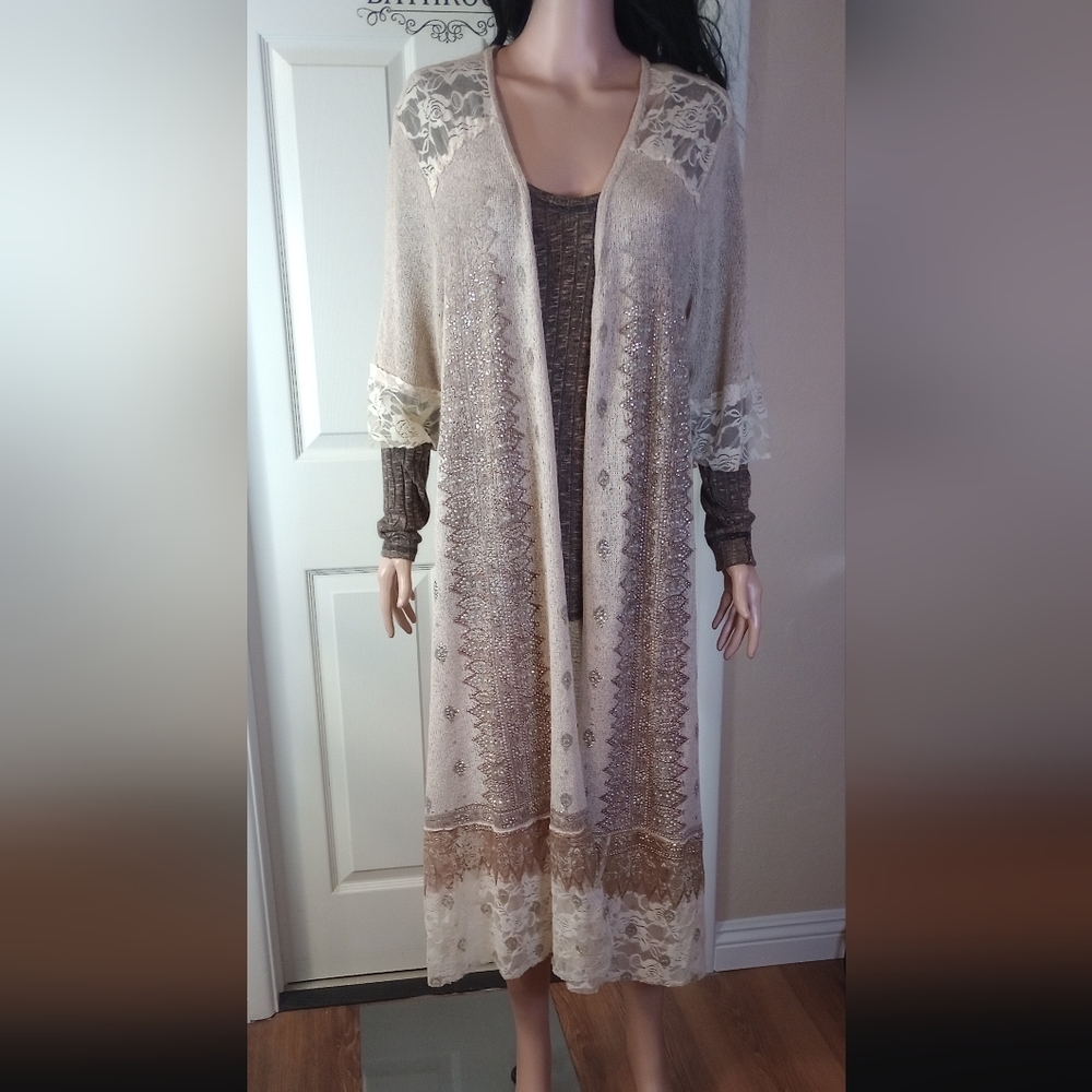 Voice of California Lace & Stones Aztec Boho Western Open Duster Cardigan L-3X